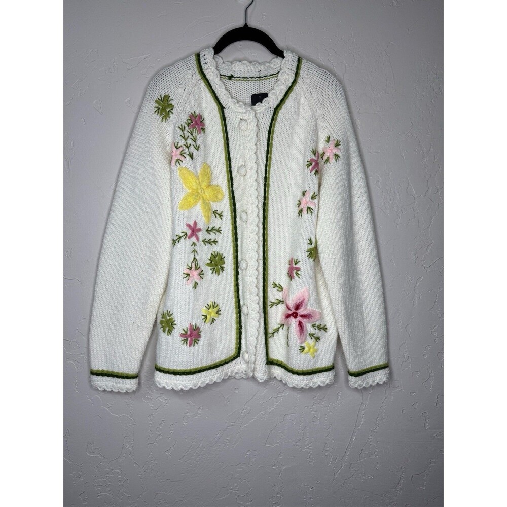 Vintage Handmade Cardigan Sweater L  Floral 70s Cottagecore Grandma